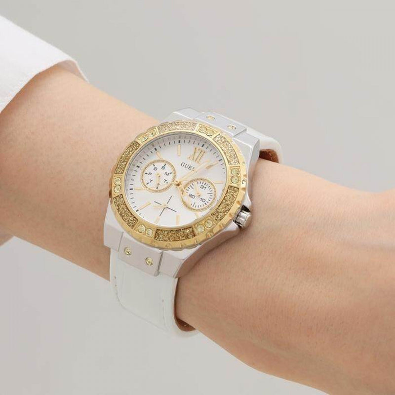 Guess Limelight Quartz Silver Dial White Leather Strap Watch For Women - W0775l8 Buy Now By Guess