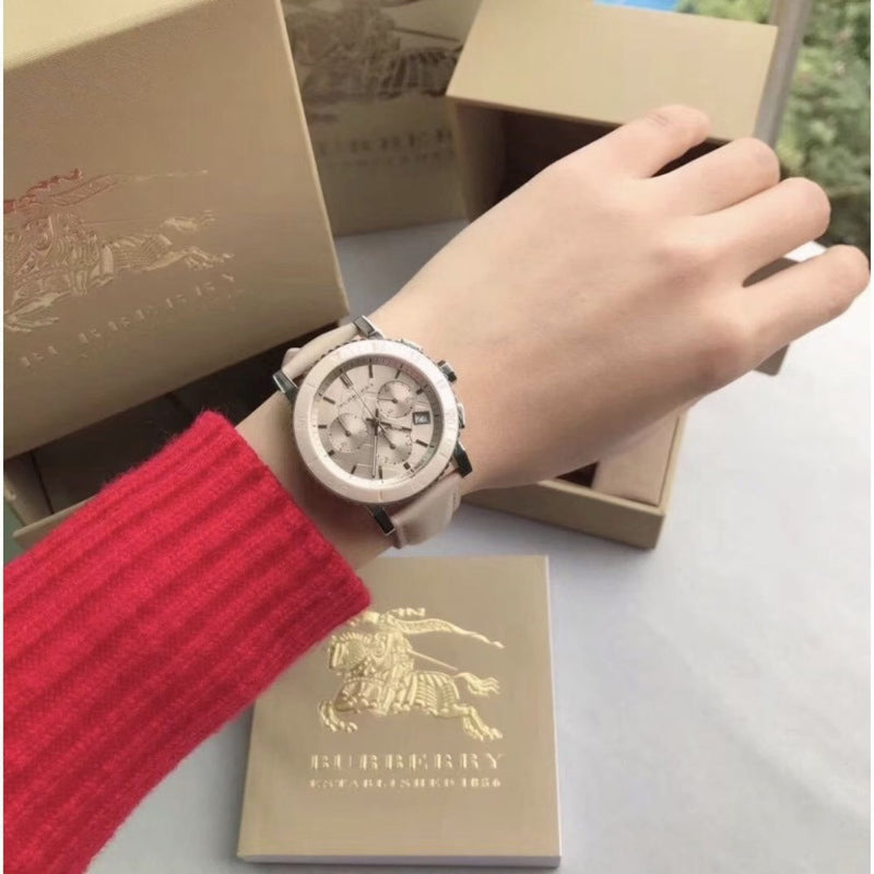 Shop Burberry The City Chronograph Rose Gold Dial Beige Leather Strap Watch For Women - BU9702 in USA