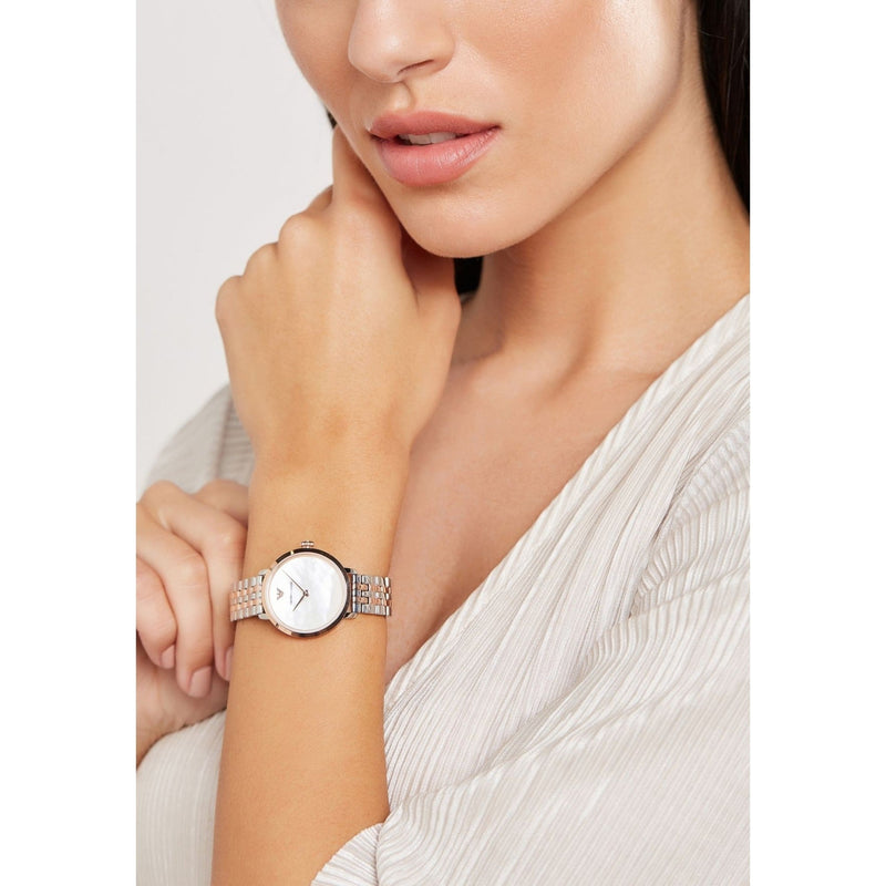 Emporio Armani Modern Slim Analog Mother of Pearl Dial Two Tone Steel Strap Watch For Women - AR11157 Buy Now By Emporio Armani
