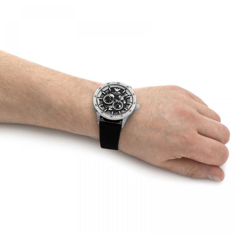 Emporio Armani Renato Chronograph Automatic Black Dial Black Leather Strap Watch For Men - AR60051 Buy Now By Emporio Armani