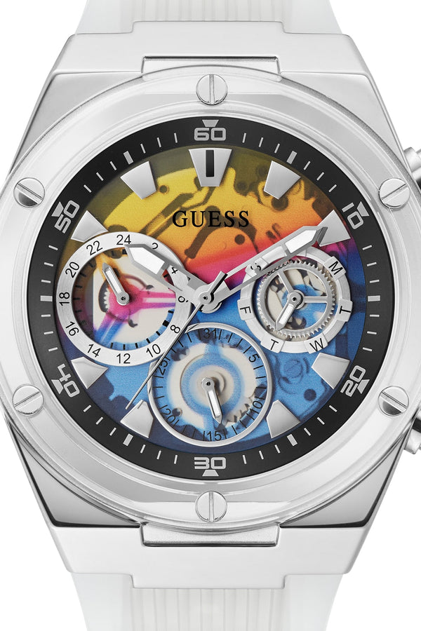 Shop Guess Poseidon Chronograph Rainbow Dial White Silicone Strap Watch For Men - GW0425G4 in USA