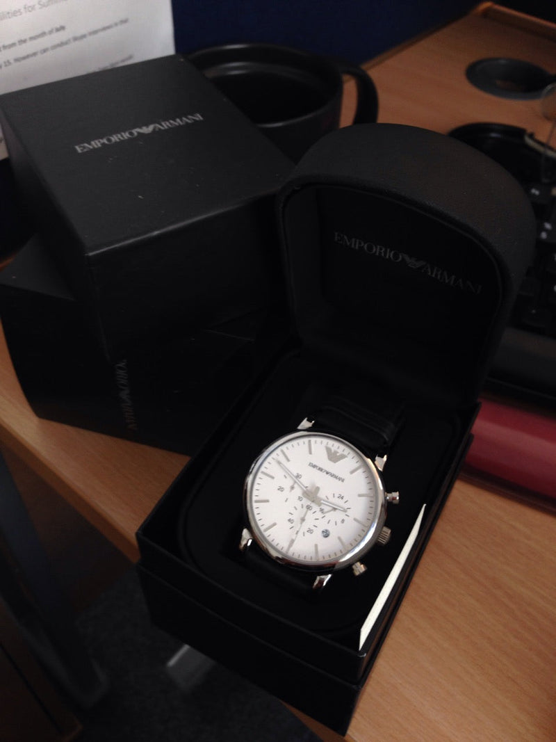 Emporio Armani Classic Quartz Chronograph White Dial Black Leather Strap Watch For Men - AR1807 Buy Now By Emporio Armani