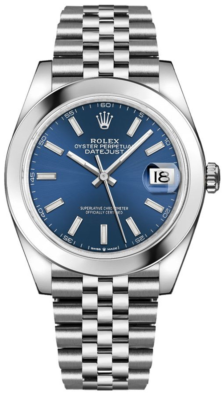 Shop Rolex Datejust 41 Oyster Blue Dial Silver Oystersteel Jubilee Bracelet Watch for Men - M126300-0002 in USA