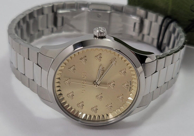 Shop Gucci G Timeless Quartz Gold Dial Silver Steel Strap Watch for Women - YA1265035 in USA