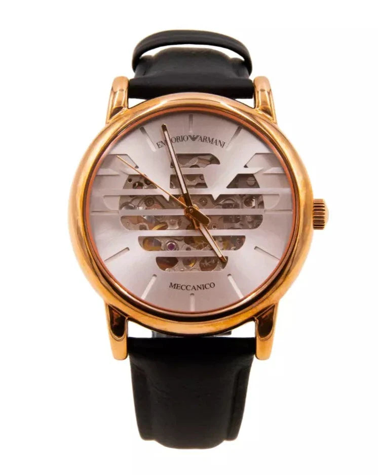 Emporio Armani Meccanico Skeleton Silver Dial Black Leather Strap Watch For Men - AR60031 Buy Now By Emporio Armani