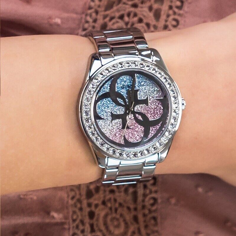 Guess G Twist Diamonds Purple Dial Black Steel Strap Watch For Women - W1201L4 Buy Now By Guess