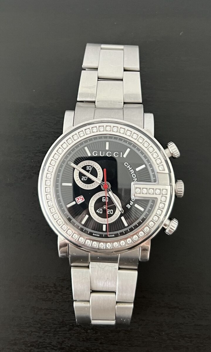 Gucci G Chrono Diamonds Black Dial Silver Steel Strap Watch For Men - YA101324 Buy Now By Gucci