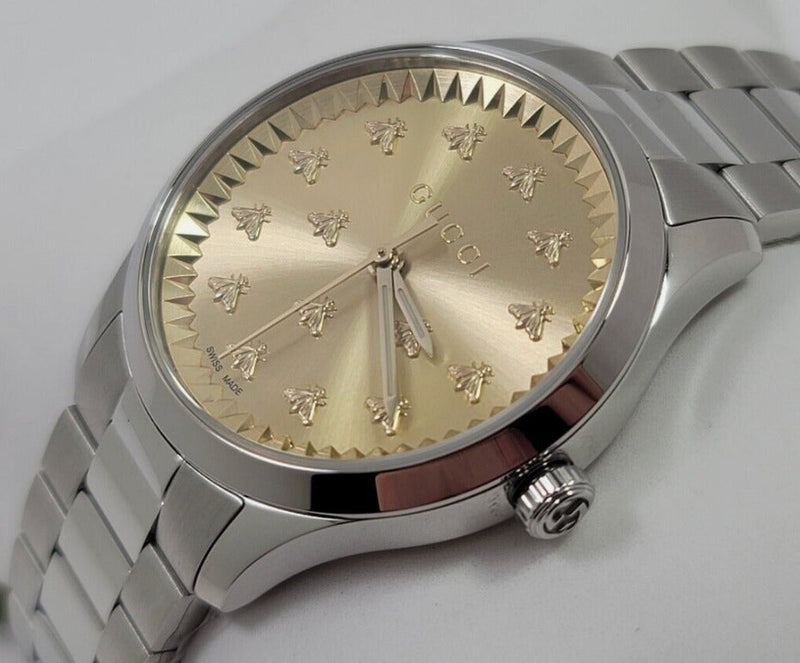 Shop Gucci G Timeless Quartz Gold Dial Silver Steel Strap Watch for Women - YA1265035 in USA