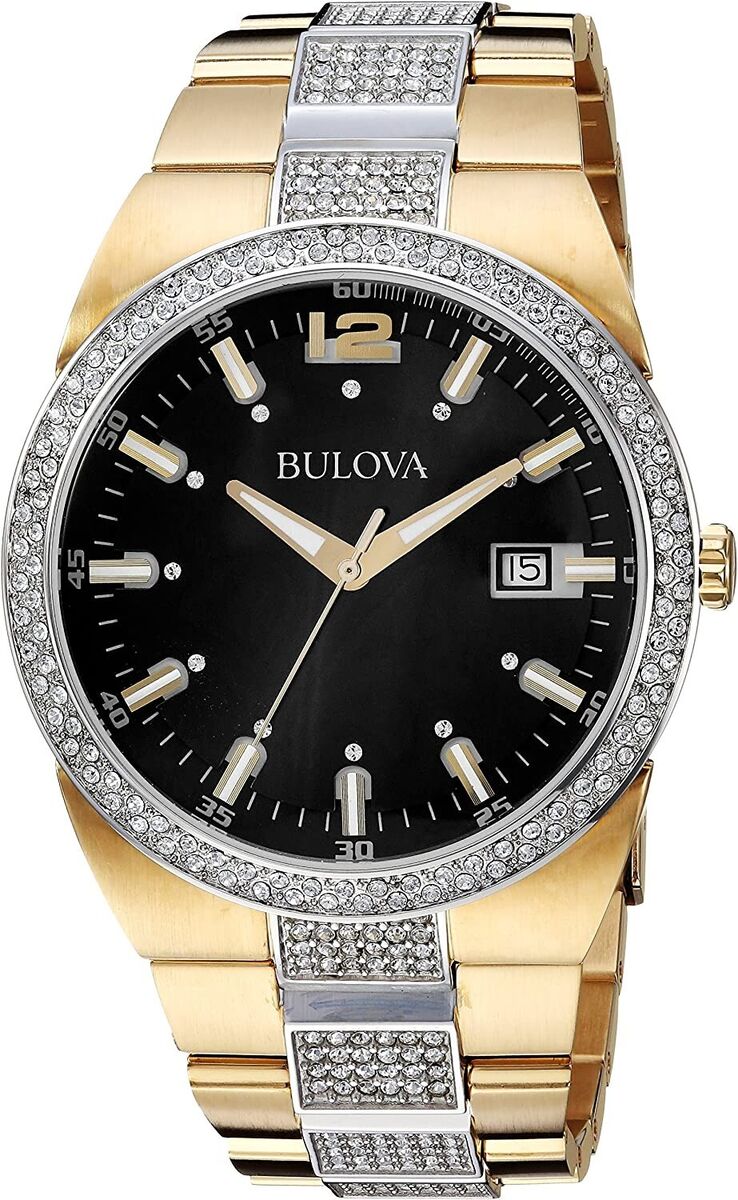 Shop Bulova Crystal Black Dial Two Tone Steel Strap Watch for Men - 98B235 in USA