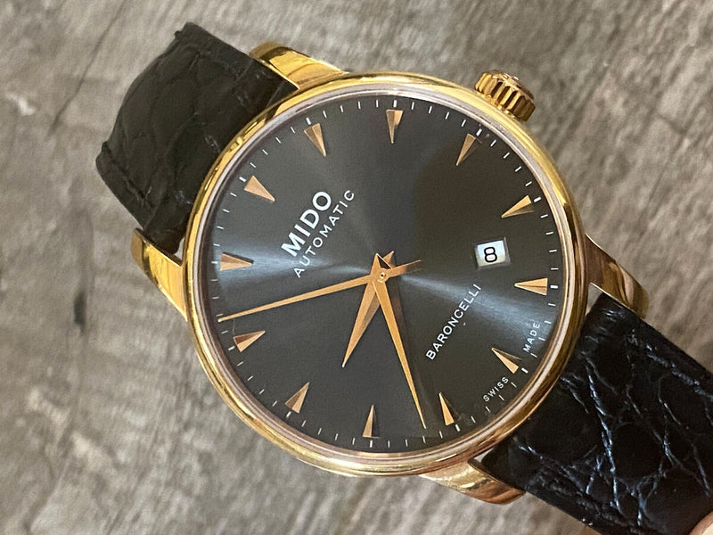 Mido Baroncelli III Automatic Grey Dial Black Leather Strap Watch For Men - M8600.3.13.4 Buy Now By Mido
