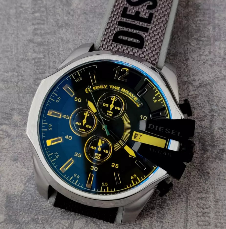 Diesel Mega Chief Chronograph Black Dial Grey Nylon Strap Watch For Men - DZ4523