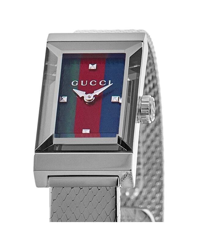 Shop Gucci G Frame Quartz Diamonds Green & Red Mother of Pearl Dial Silver Mesh Bracelet Watch For Women - YA147510 in USA