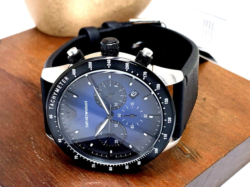 Emporio Armani Mario Chronograph Blue Dial Black Leather Strap Watch For Men - AR11522 Buy Now By Emporio Armani