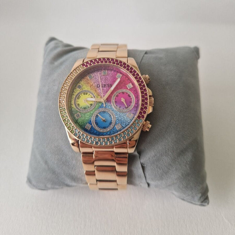 Guess Confetti Chronograph Rainbow Dial Gold Steel Strap Watch For Women  - GW0483L4