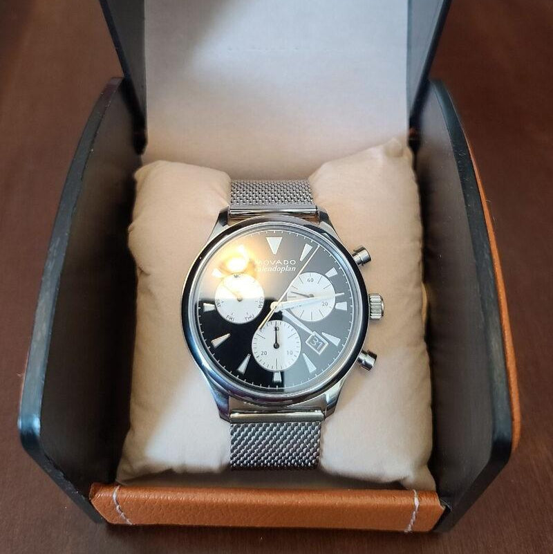 Shop Movado Heritage Calendoplan Chronograph Black Dial Silver Mesh Strap Watch for Men - 3650097 in USA