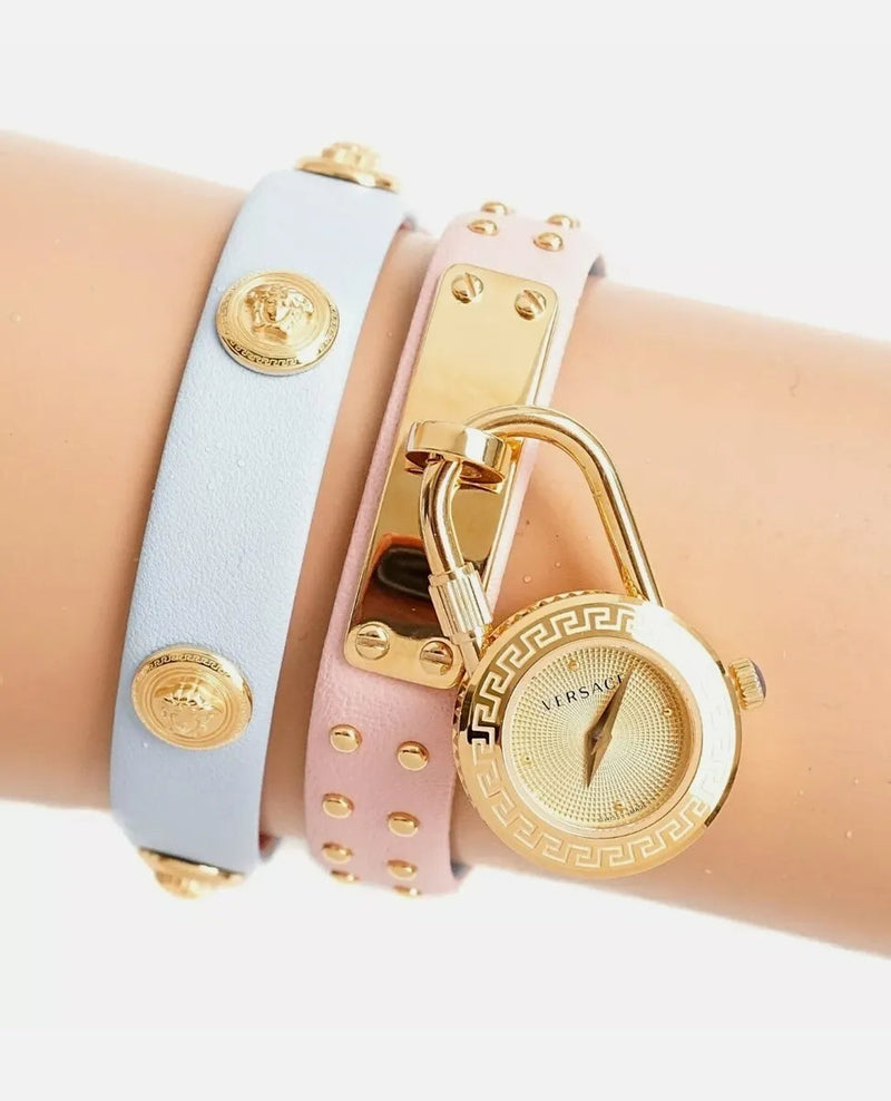 Versace Medusa Lock Icon Quartz Gold Dial Pink & Blue Leather Strap Watch For Women - VEDW00219 Buy Now By Versace