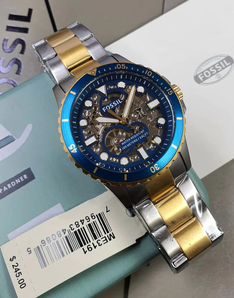 Fossil FB-01 Automatic Skeleton Blue Dial Two Tone Steel Strap Watch for Men - ME3191 Buy Now By Fossil