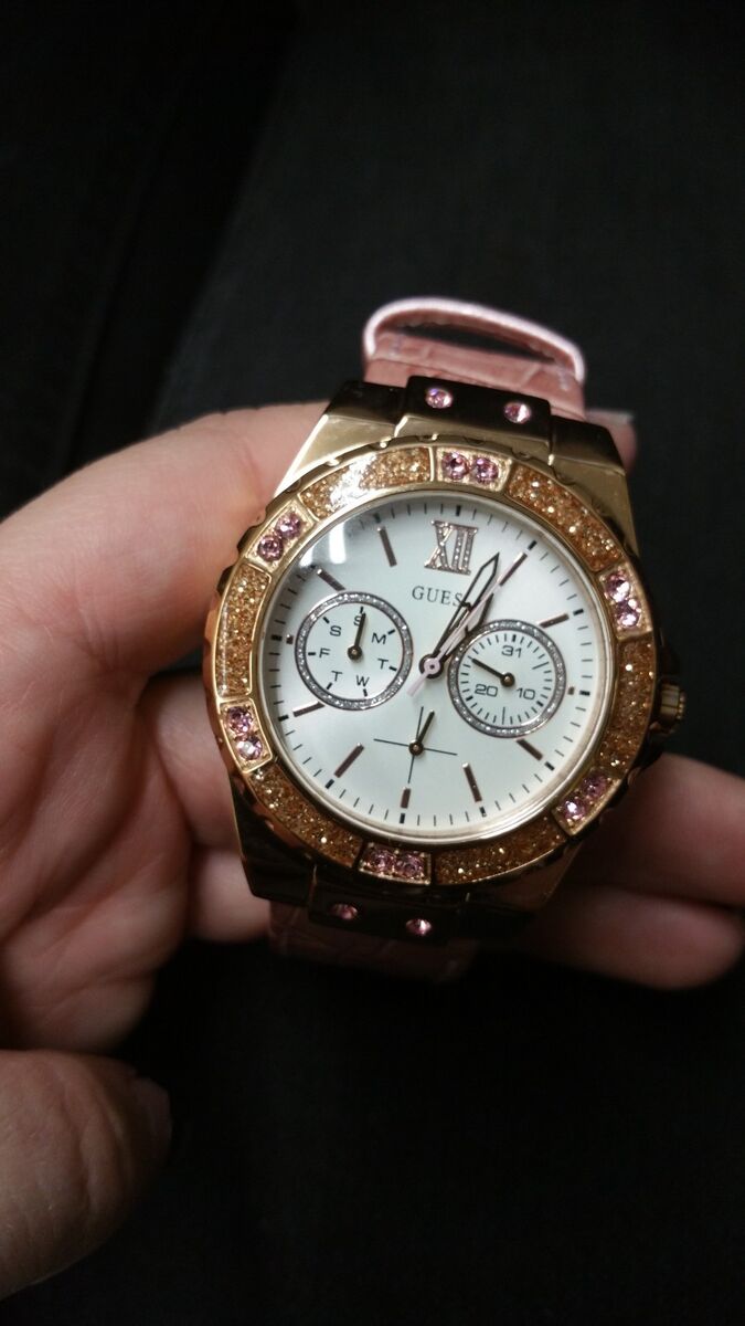 Shop Guess Limelight Quartz Analog White Dial Pink Leather Strap Watch For Women - W0775l3 in USA