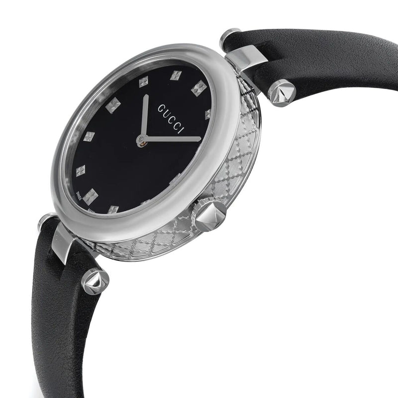 Shop Gucci Diamantissima Diamonds Black Dial Black Leather Strap Watch For Women - YA141403 in USA