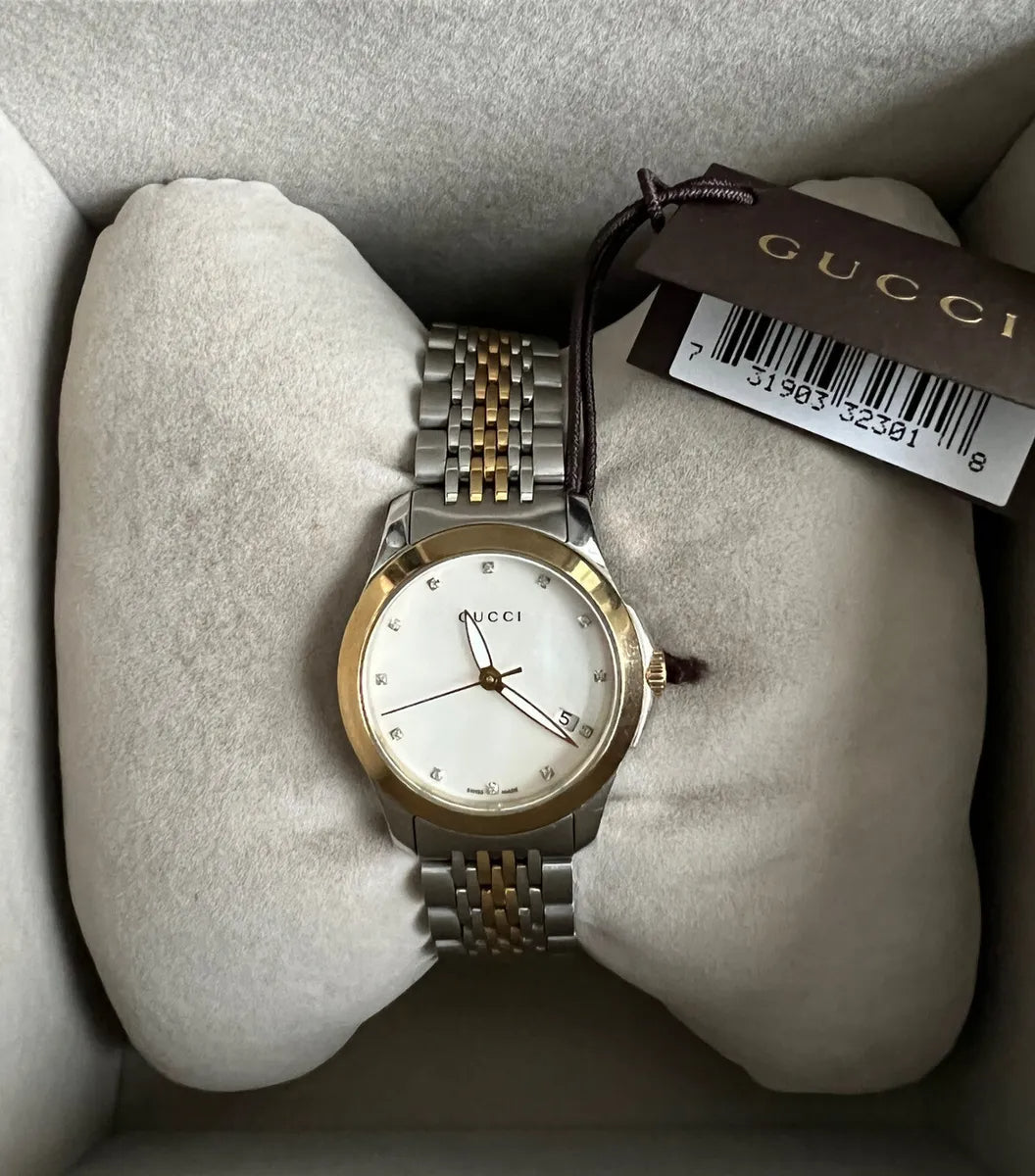 Gucci G Timeless Diamonds Mother of Pearl Dial Two Tone Mesh Bracelet Watch for Women - YA126513