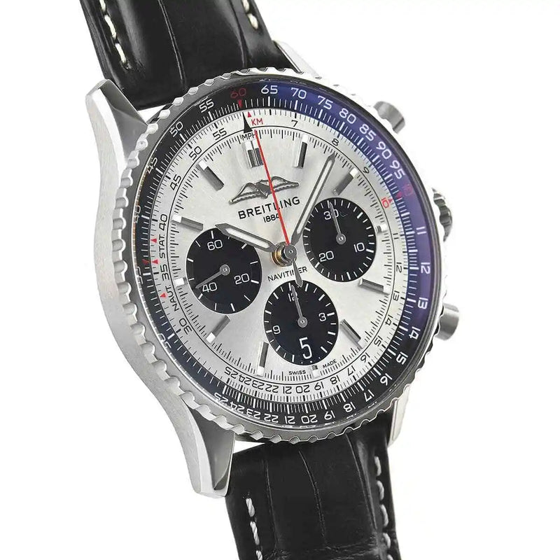 Shop Breitling Navitimer B01 Chronograph 43 Silver Dial Black Leather Strap Watch for Men - AB0138241G1P1 in USA