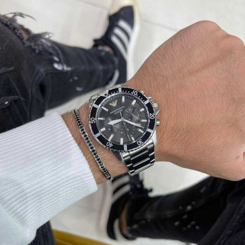 Emporio Armani Diver Chronograph Quartz Black Dial Silver Steel Strap Watch For Men - AR11360 Buy Now By Emporio Armani