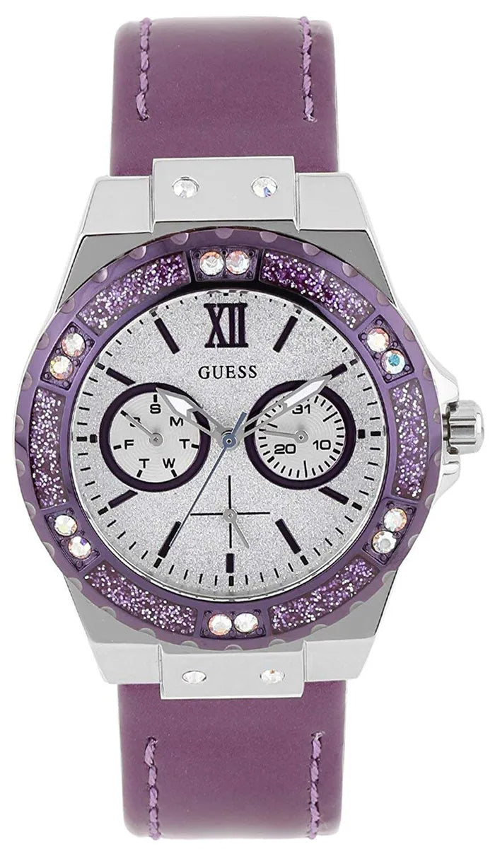Shop Guess Limelight Quartz Silver Dial Purple Leather Strap Watch For Women - W0775L6 in USA