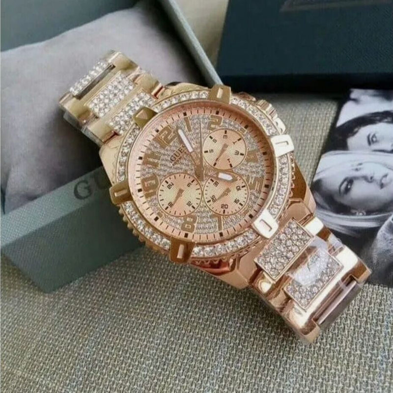 Guess Frontier Chronograph Crystals Rose Gold Dial Rose Gold Steel Strap Watch for Men - W0799G3 Buy Now By Guess
