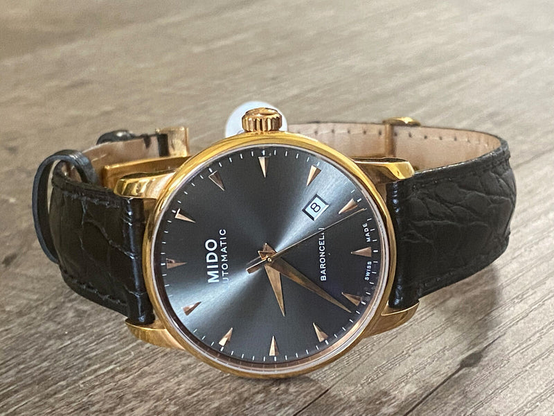 Mido Baroncelli III Automatic Grey Dial Black Leather Strap Watch For Men - M8600.3.13.4 Buy Now By Mido