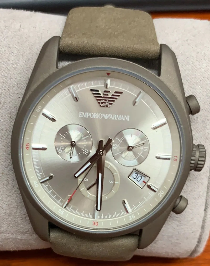 Emporio Armani Sportivo Chronograph Silver Dial Brown Leather Strap Watch For Men - AR6076 Buy Now By Emporio Armani
