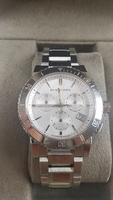 Shop Burberry City Chronograph White Dial Silver Steel Strap Watch For Women - BU9700 in USA
