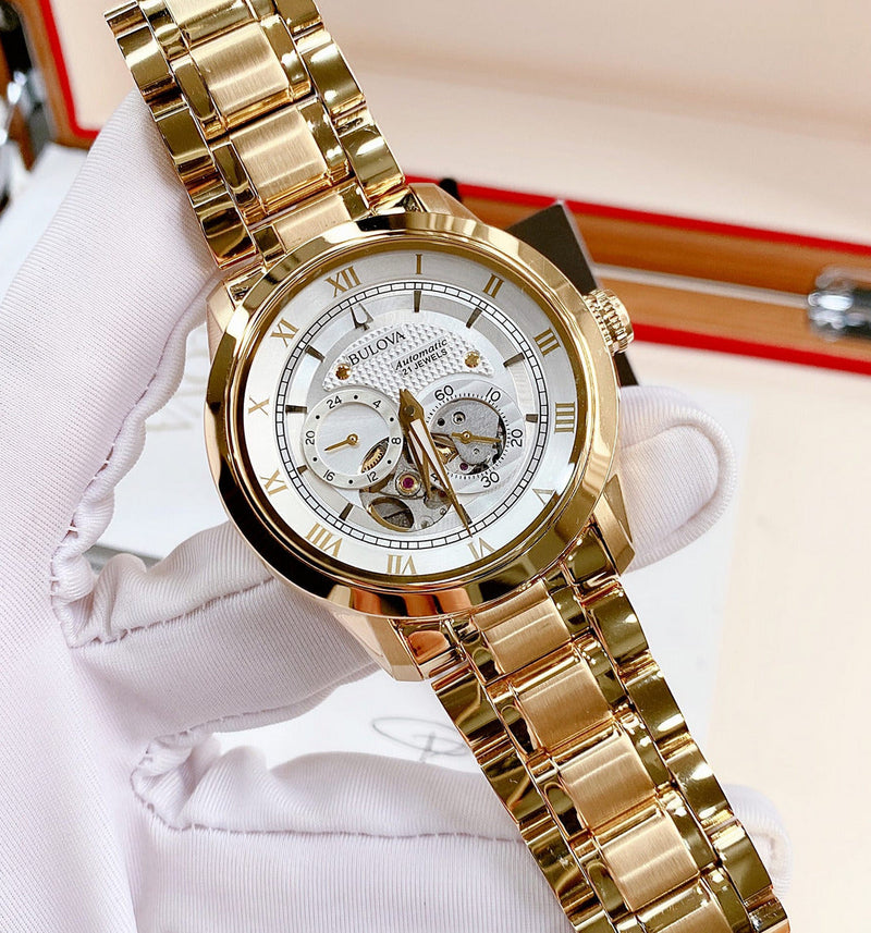 Bulova BVA Skeleton Silver Dial Gold Steel Strap Watch for Men - 97A108 Buy Now By Bulova