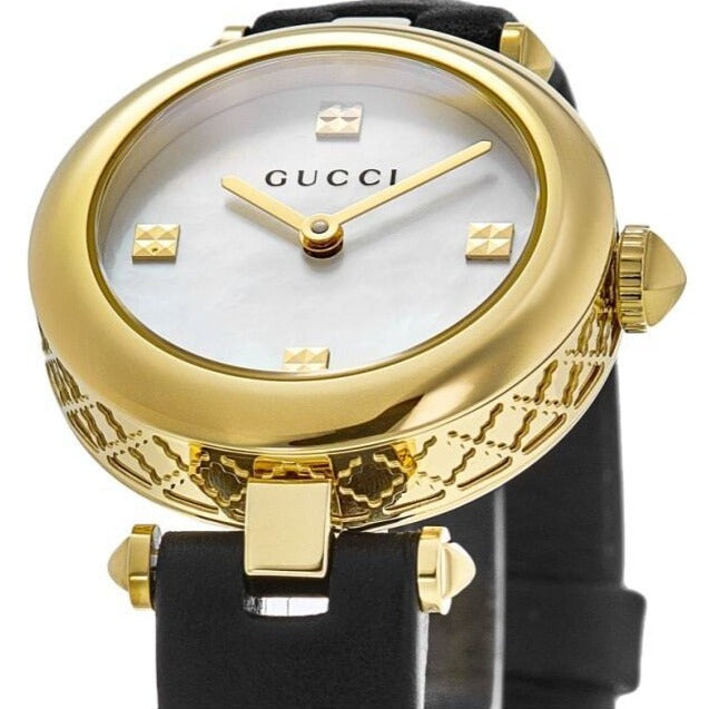Shop Gucci Diamantissima Mother of Pearl Dial Black Leather Strap Watch For Women - YA141505 in USA