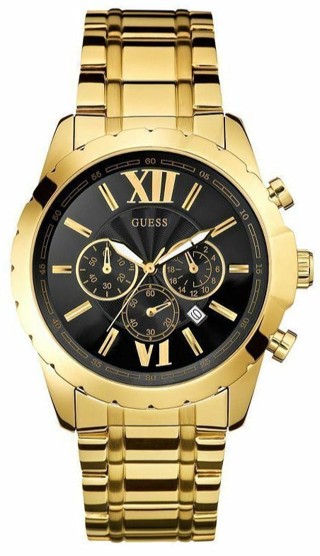 Shop Guess Optic Multifunction Black Dial Gold Steel Strap Watch for Men - W0193G1 in USA