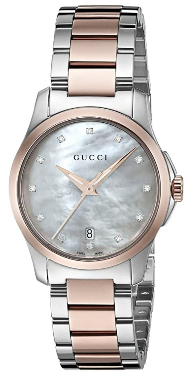 Shop Gucci G Timeless Diamonds Mother of Pearl Dial Two Tone Steel Strap Watch For Women - YA126544 in USA