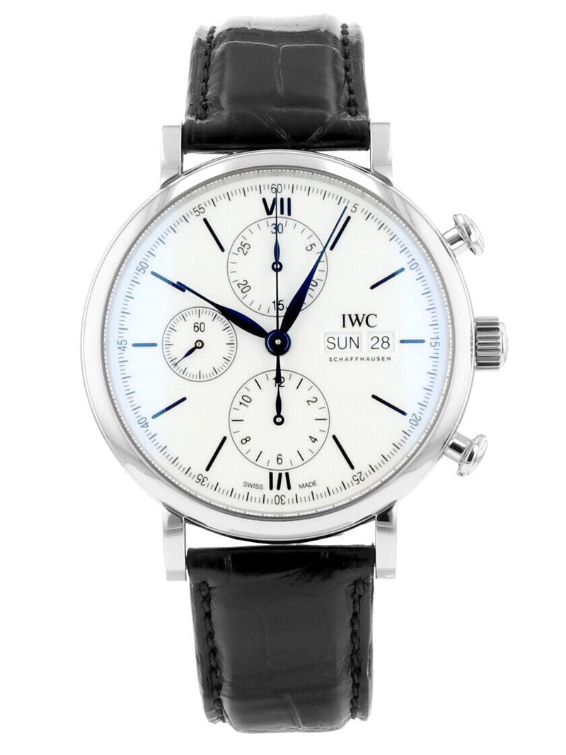 Shop IWC Portofino Chronograph White Dial Black Leather Strap Watch for Men - IW391024 in USA
