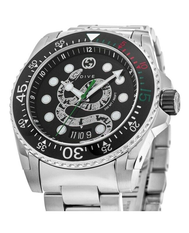 Shop Gucci Dive Snake Black Dial Silver Steel Strap Watch For Men - YA136218 in USA