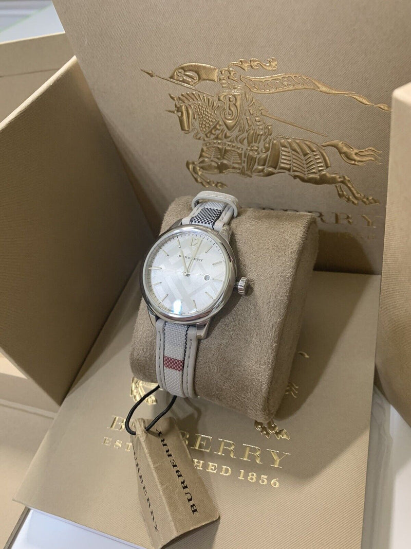 Burberry The Classic Guilloche Silver Dial Grey Leather Strap Watch for Women - BU10113 Buy Now By Burberry