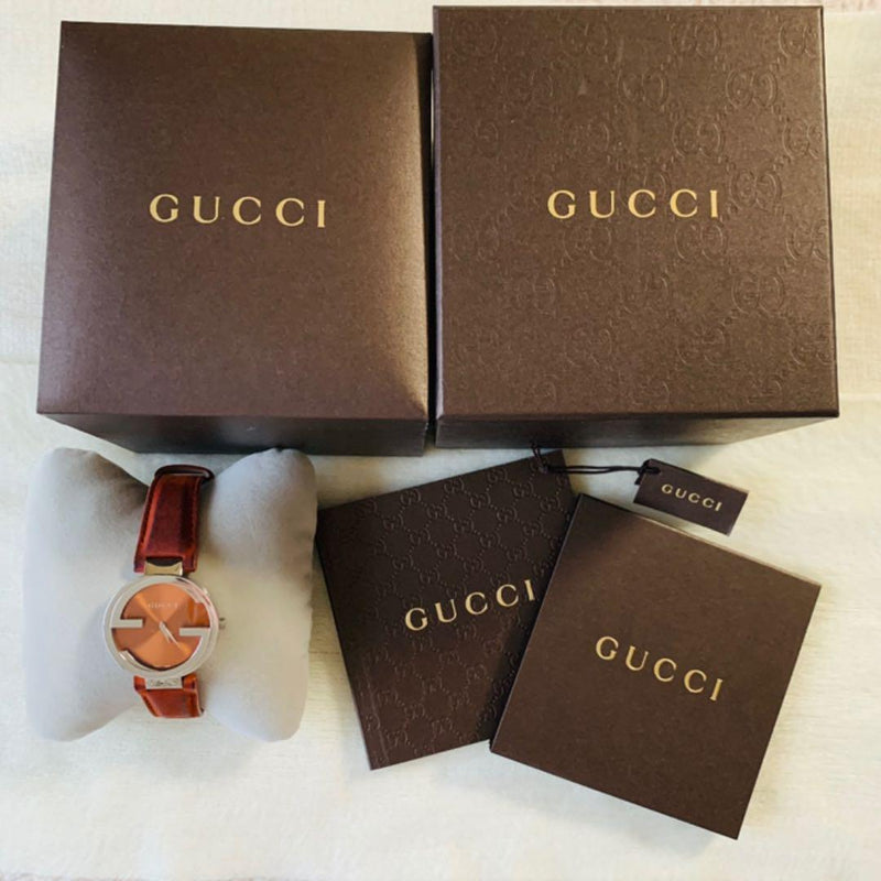 Shop Gucci Interlocking G Quartz Orange Dial Orange Leather Strap Watch For Women - YA133316 in USA