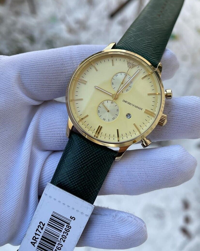 Emporio Armani Chronograph Champagne Dial Green Leather Strap Watch For Men - AR1722 Buy Now By Emporio Armani