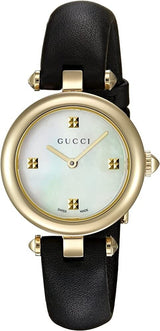 Shop Gucci Diamantissima Mother of Pearl Dial Black Leather Strap Watch For Women - YA141505 in USA