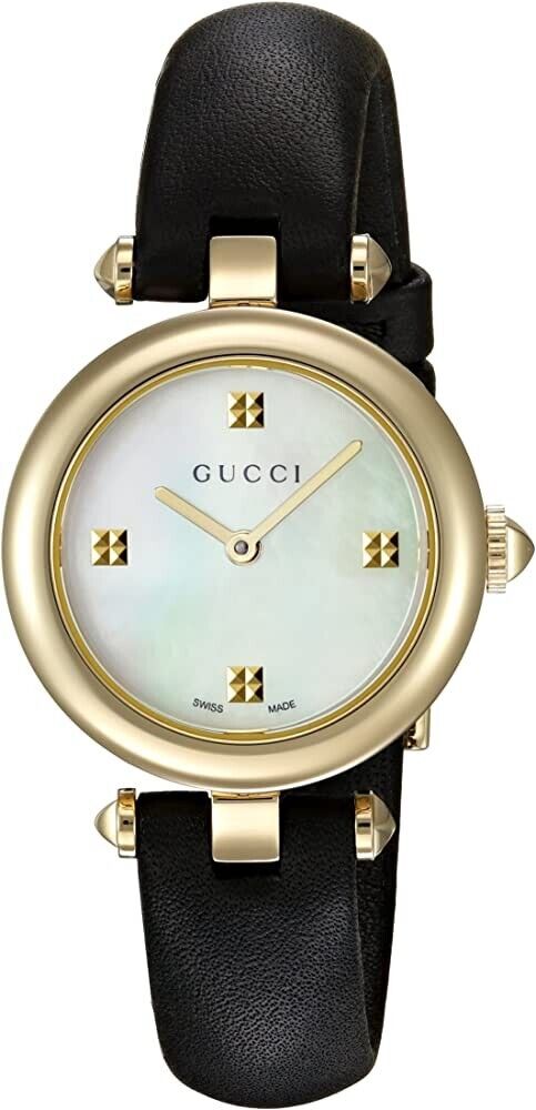 Shop Gucci Diamantissima Mother of Pearl Dial Black Leather Strap Watch For Women - YA141505 in USA