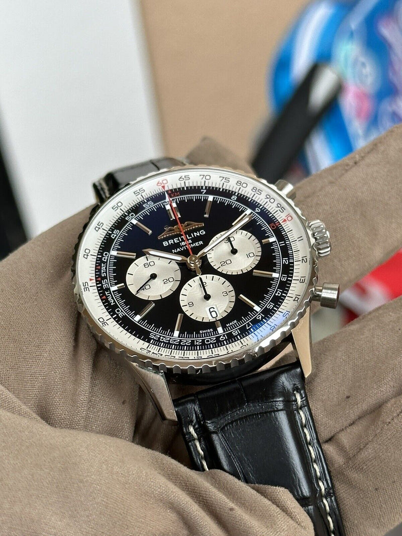Shop Breitling Navitimer B01 Chronograph 46 Black Dial Black Leather Strap Watch for Men - AB0137211B1P1 in USA