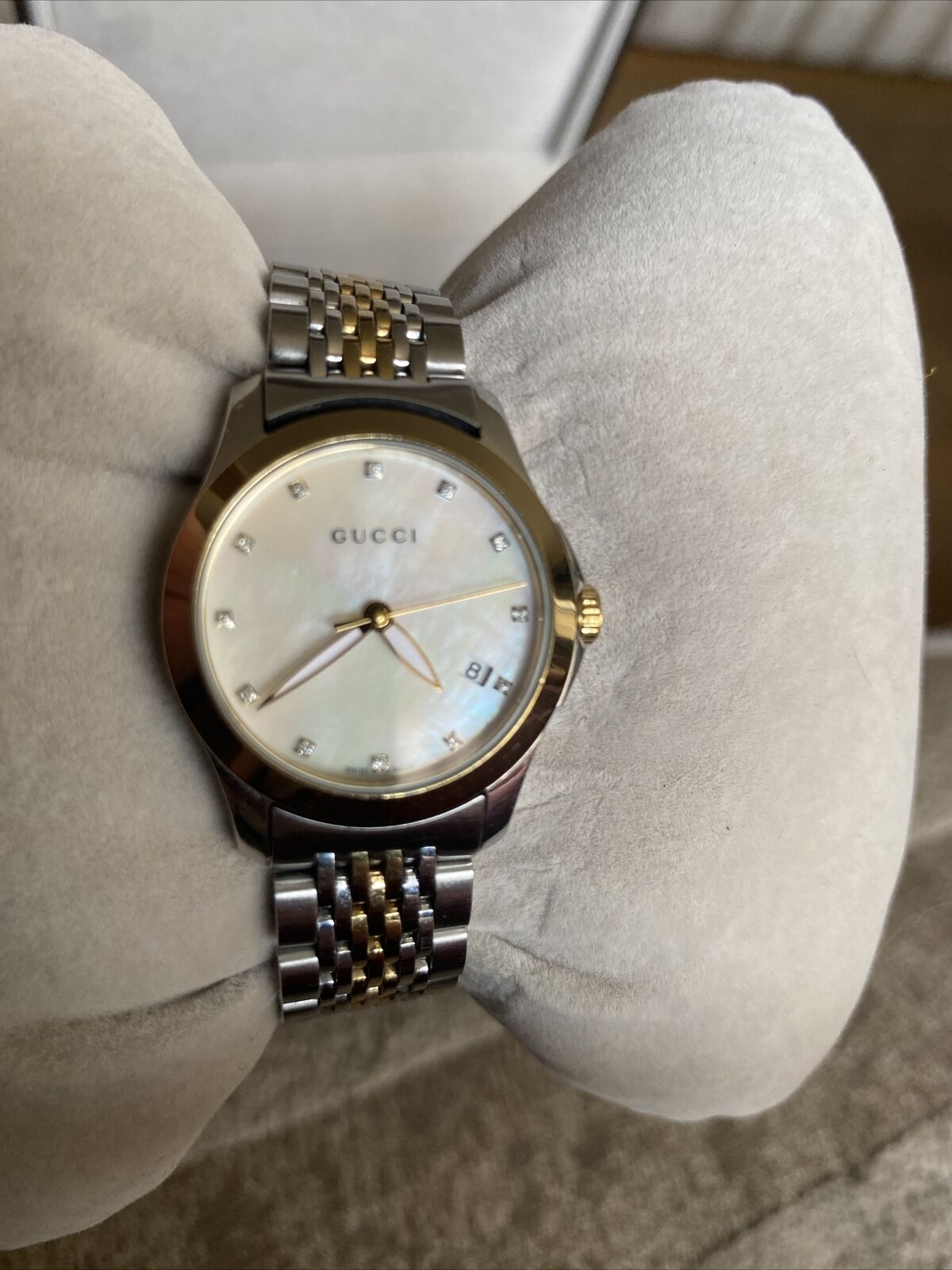 Gucci G Timeless Diamonds Mother of Pearl Dial Two Tone Mesh Bracelet Watch for Women - YA126513