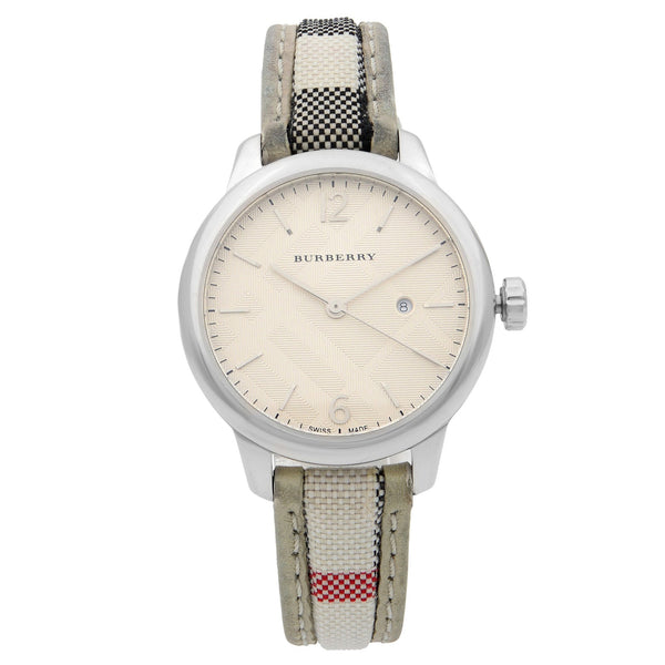 Shop Burberry The Classic Guilloche Silver Dial Grey Leather Strap Watch for Women - BU10113 in USA