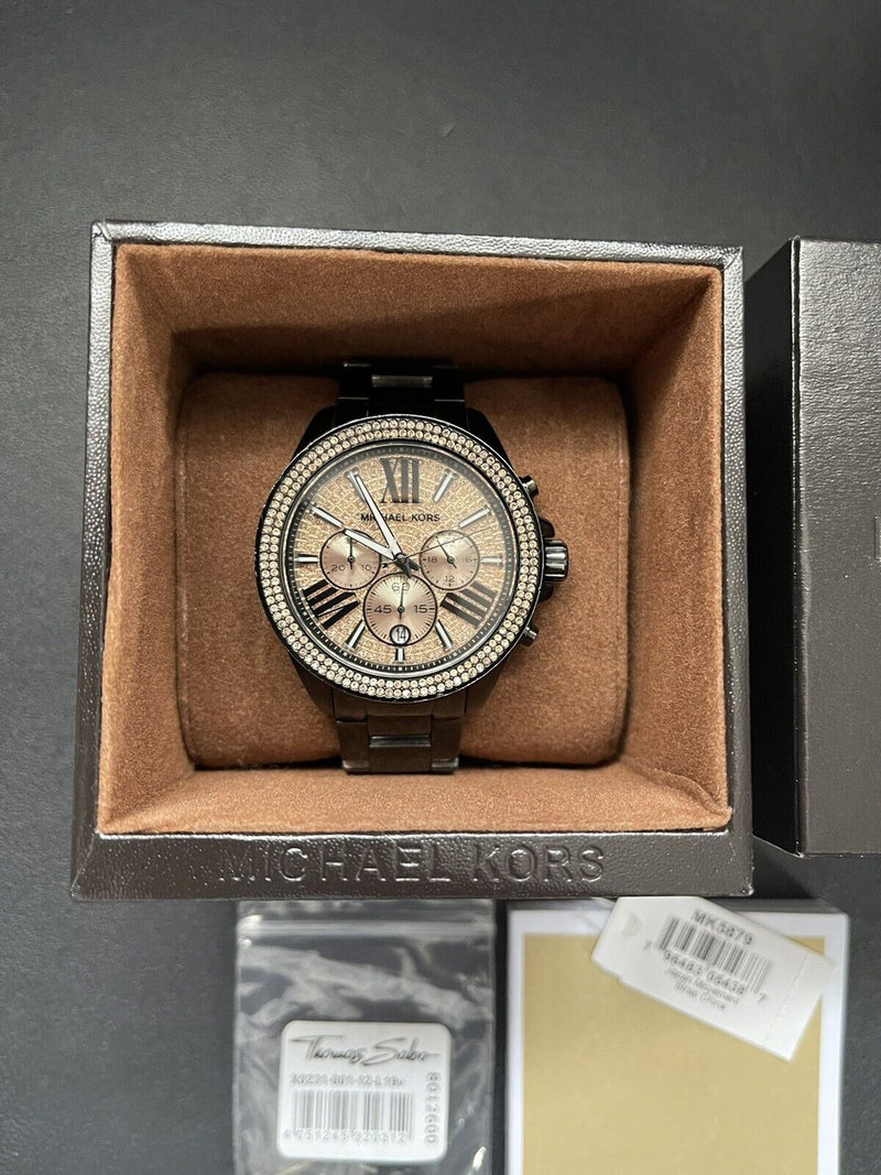 Michael Kors Wren Chronograph Gold Diamonds Dial Black Steel Strap Watch for Women - MK5879 Buy Now By Michael Kors