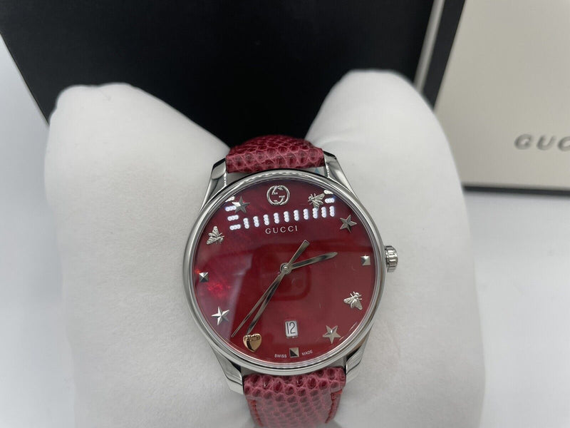 Gucci G-Timeless Mother of Pearl Red Dial Red Leather Strap Watch For Women - YA1264041 Buy Now By Gucci