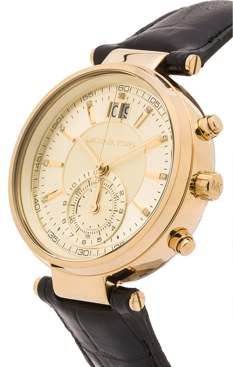 Michael Kors Sawyer Champagne Dial Black Leather Strap Watch for Women - MK2433 Buy Now By Michael Kors
