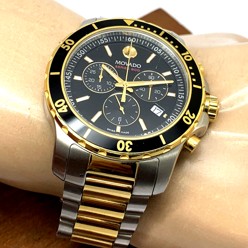 Shop Movado Series 800 Chronograph Black Dial Two Tone Steel Strap Watch For Men - 2600146 in USA