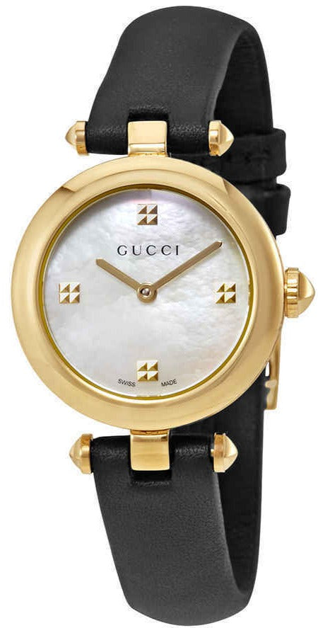 Shop Gucci Diamantissima Mother of Pearl Dial Black Leather Strap Watch For Women - YA141505 in USA